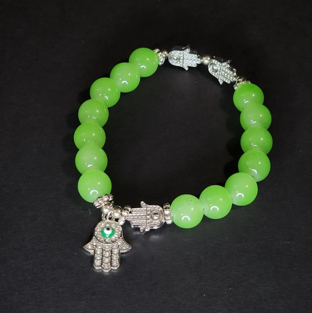 Neon Green Glass Beaded Hamsa Stretch Bracelet